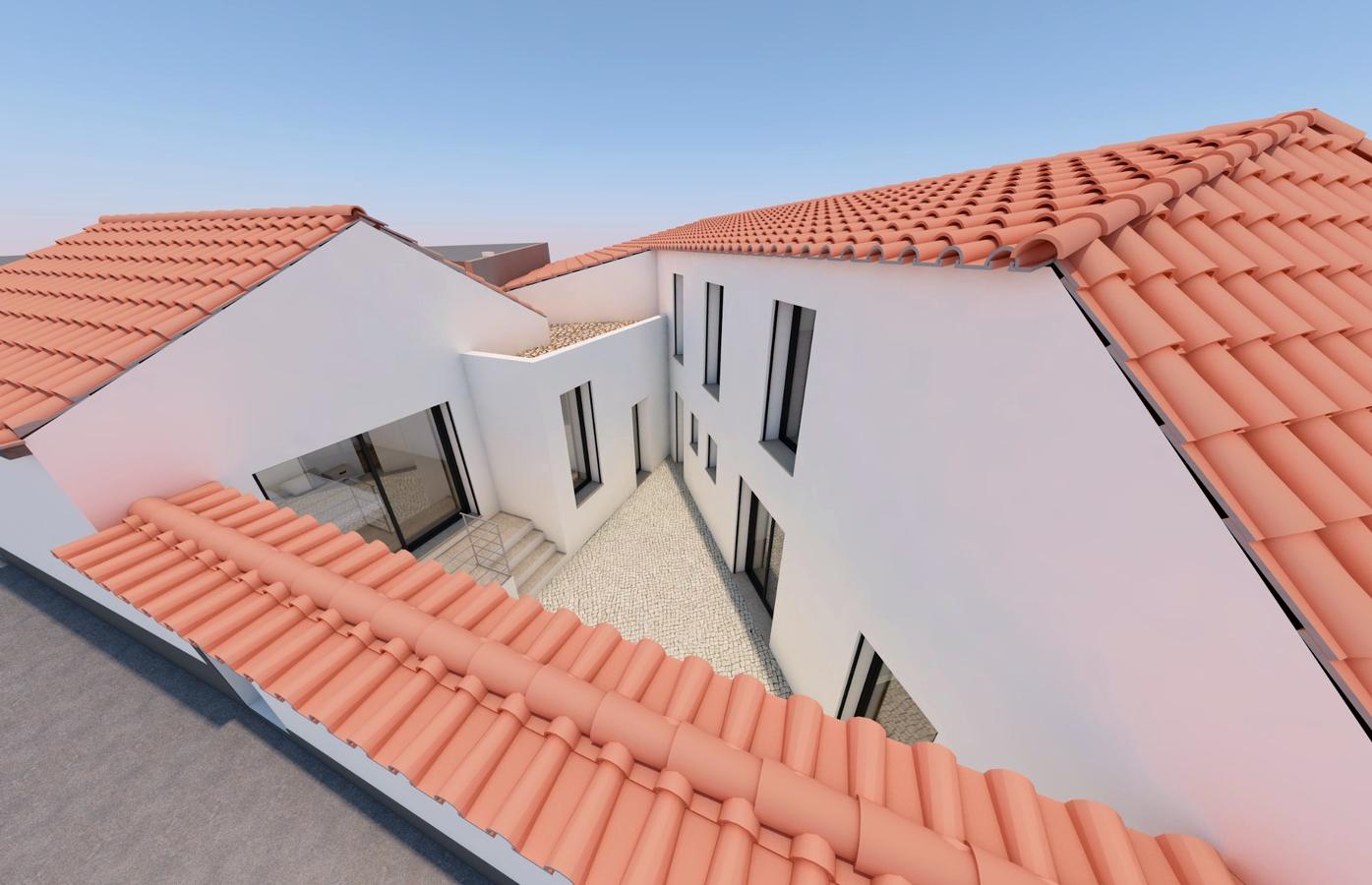 Aerial render of the courtyard and roofscape