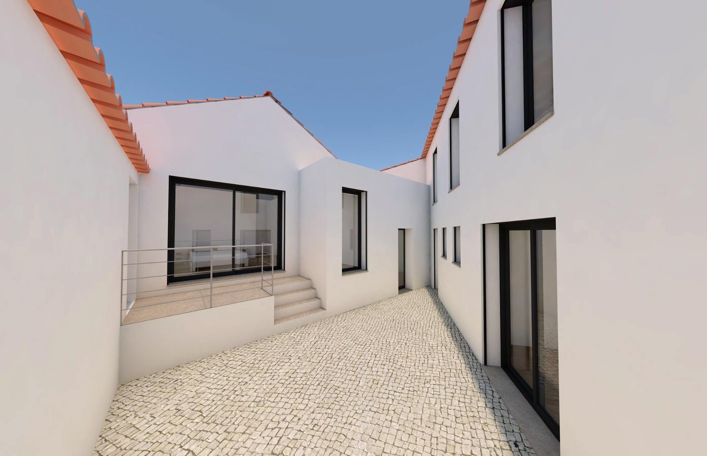 Render of the interior courtyard with cobblestone and shade trees