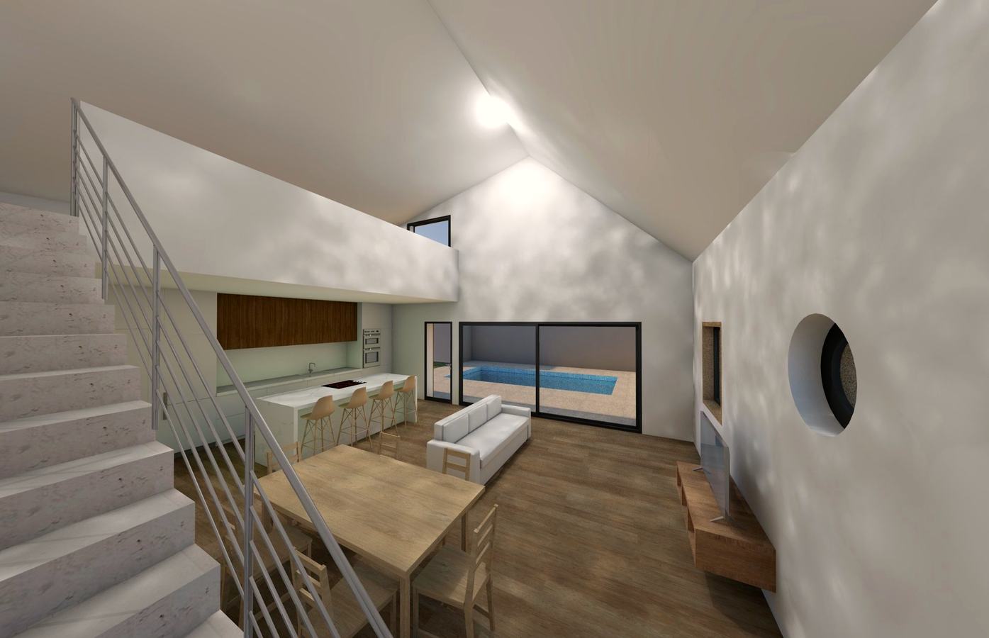Render of the open-plan kitchen and living area